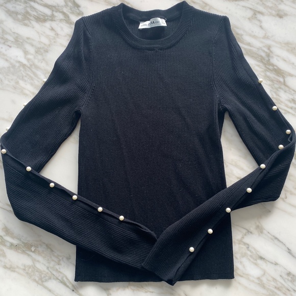ZARA Black Knit Pearl Accented Open-Shoulder Sweater - Picture 1 of 6